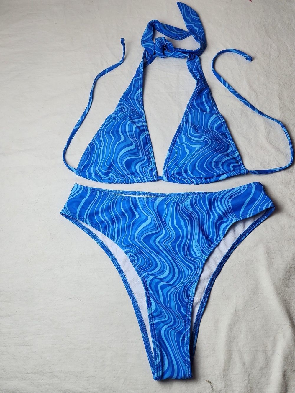 Halter Neck Tie Back Blue Swirl Print 2-Piece Bikini Set Size Medium